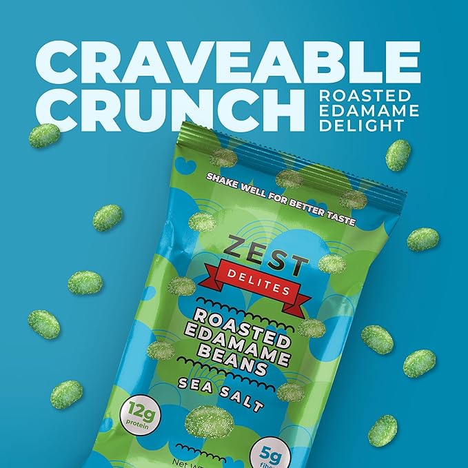 Crunchy Dry Roasted Edamame Beans Snack by Zest Delites, Sea Salt, Vegan, Low Calorie (110cal) High