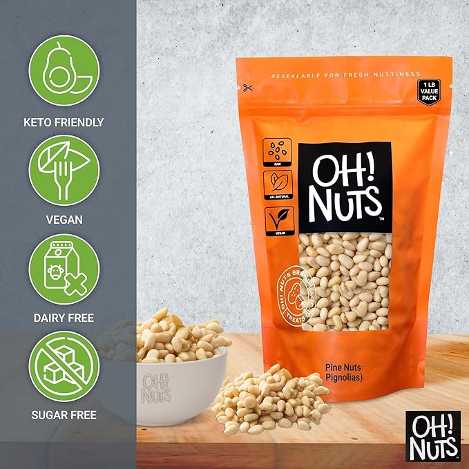 Oh! Nuts Pine Nuts (Pignolias) - Raw - 100% Natural Pine Nuts - 1 lb Bulk Bag - Premium Pignoli