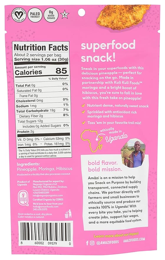 Am채zi Foods, Dried Pineapple - Moringa Hibiscus 2.3Ounce All Natural Snacks No Sugar Added Dried