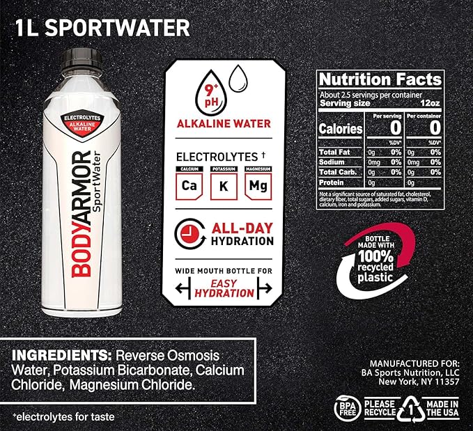 BODYARMOR SportWater Alkaline Water, Superior Hydration, High Alkaline Water pH 9+, Electrolytes