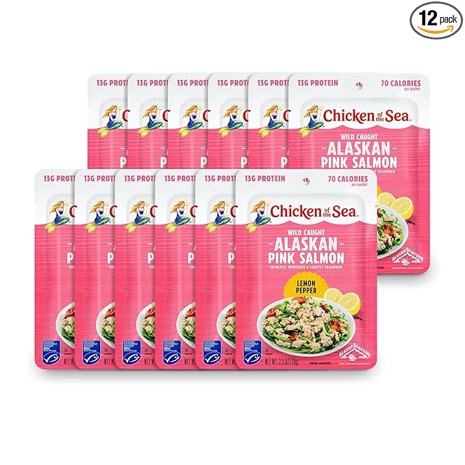 Chicken of the Sea Alaskan Pink Salmon, 2.5 Ounce Packets (Box of 12), Wild Caught Salmon, Lemon