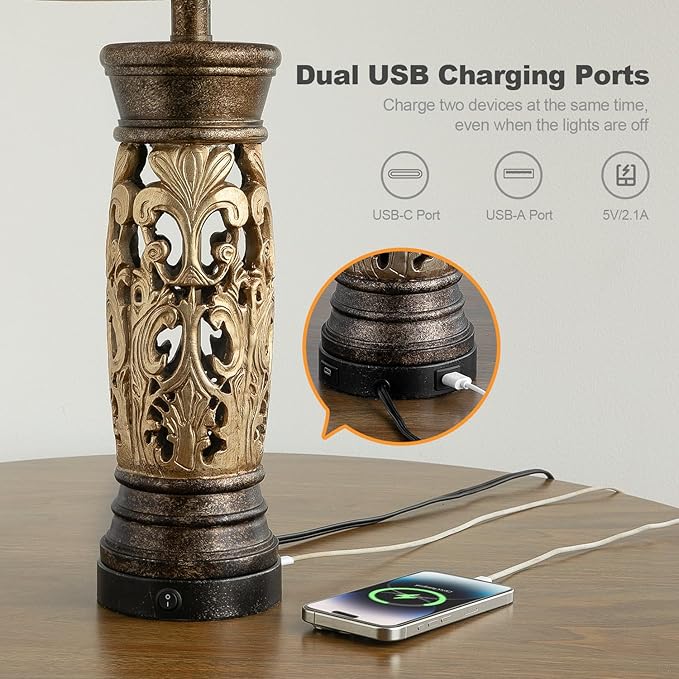BOBOMOMO 27.25” Antique Gold Table Lamps Set of 2 – Farmhouse Bedside Lamps with Night Light & USB