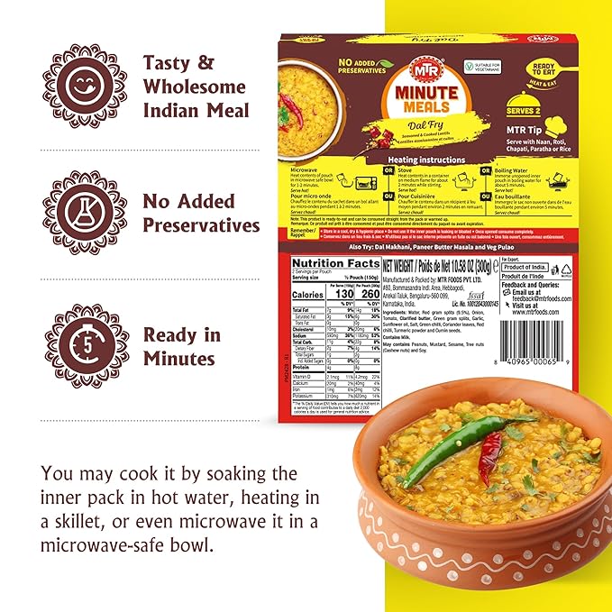 MTR - Minute Meals: Dal Fry - Flavorful Seasoned & Cooked Lentils - Authentic Indian Ready-To-Eat