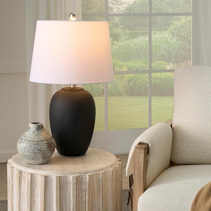 Nourison Home 23" Black Vintage Distressed Ceramic Pot Table Lamp for Bedroom, Living Room, End