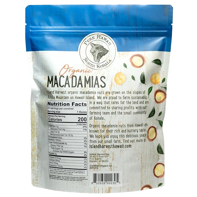 Island Harvest Organic Macadamia Nuts with Sea Salt - 100% Hawaiian Keto Friendly Nuts, All-Natural