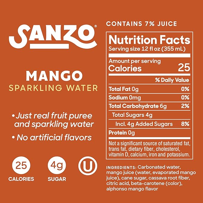 Sanzo Flavored Sparkling Water - Mango Soda Seltzer - Low Calorie Low Sugar Soda - Craft Asian