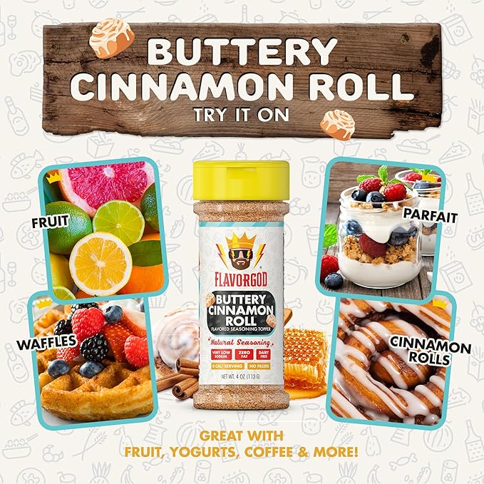 Flavor God 2 Bottles Buttery Cinnamon Roll Seasoning Topper Mix, Natural Healthy Blend, Bread