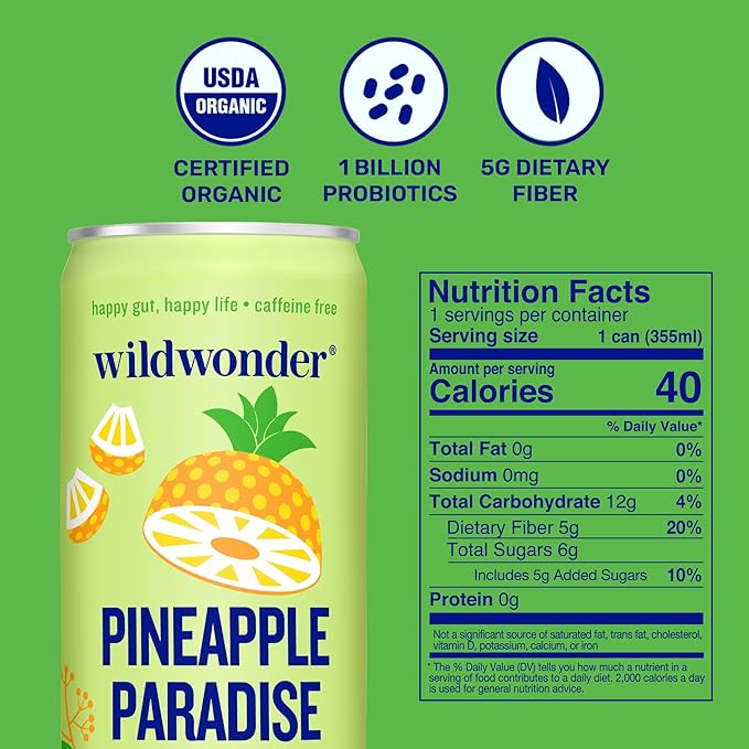 wildwonder Sparkling Probiotic Drink 12pk, For Gut Health & Immune Support, Pineapple Paradise, 5g