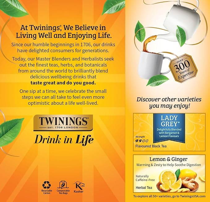 Twinings Earl Grey Black Tea Individually Wrapped Bags, 25 Count (Pack of 6), Flavoured with Citrus