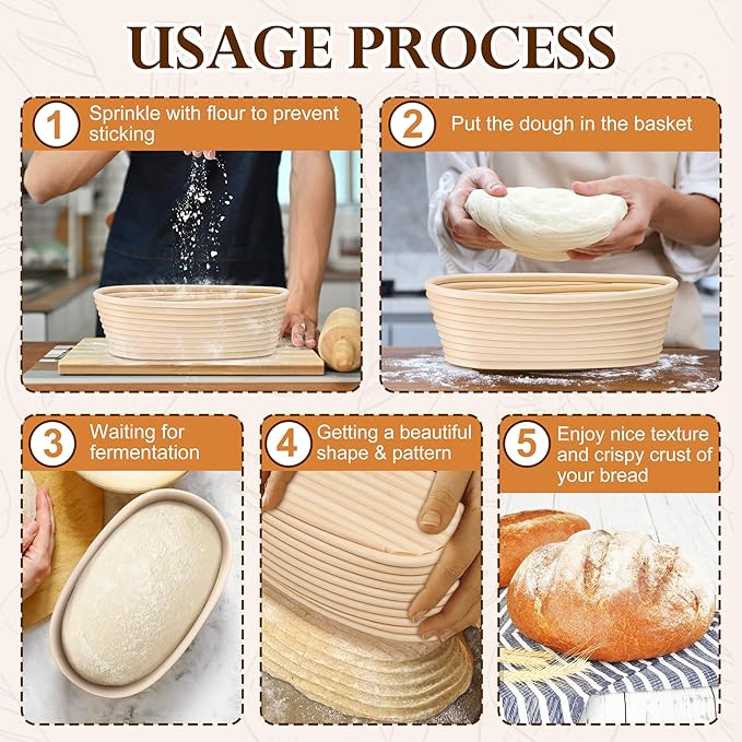 P&P CHEF Sourdough Bread Proofing Basket Set of 2, 10 Inch Oval Dough Proofing Bowls, Sourdough