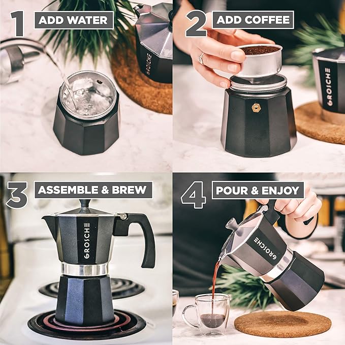 GROSCHE Milano Stovetop Espresso Maker Moka Pot 3 espresso Cup - 5 oz, Black - Cuban Coffee Maker