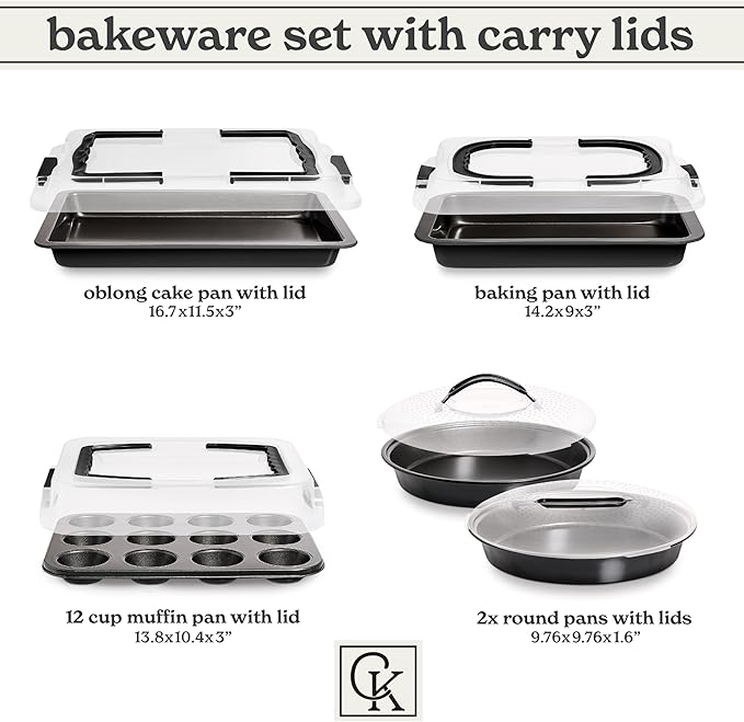 Country Kitchen Baking Pans Set - 10 Piece Non-Stick Cake Pans with Carry Lids for Easy Storage &