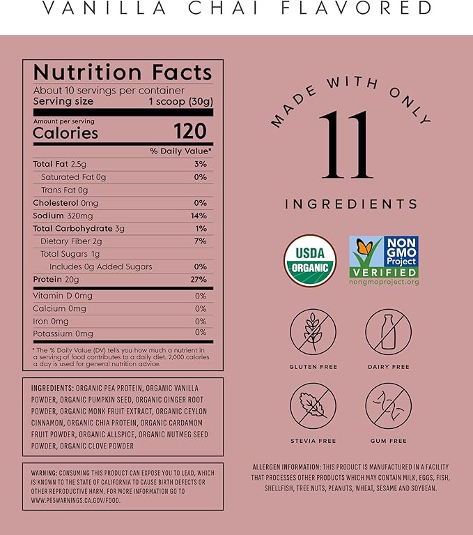 Truvani Vegan Pea Protein Powder | Vanilla Chai | 20g Organic Plant Based Protein | 10 Servings |