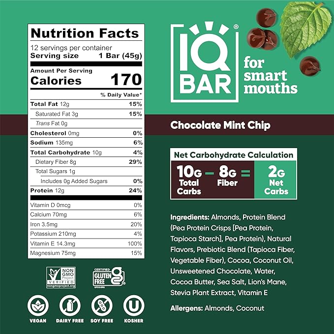 IQBAR Brain and Body Plant Protein Bars - Chocolate Mint Chip - 36-Count Low Carb - Gluten Free