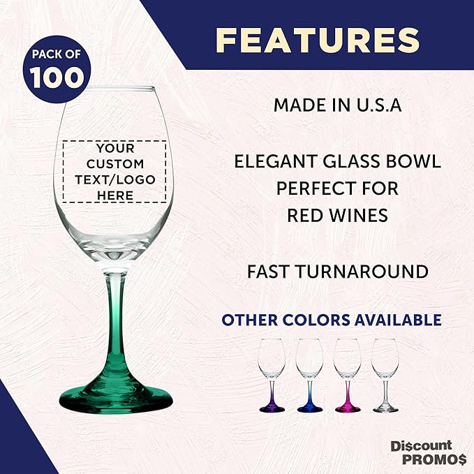 Custom Rioja Wine Glasses with Stem 10 oz. Set of 100, Personalized Bulk Pack - Color Bottom