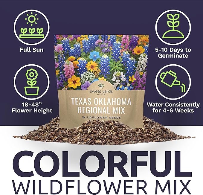 Texas Oklahoma Wildflower Seeds Mixture - Bulk 1 Ounce Packet - Over 15,000 Native Seeds - Open
