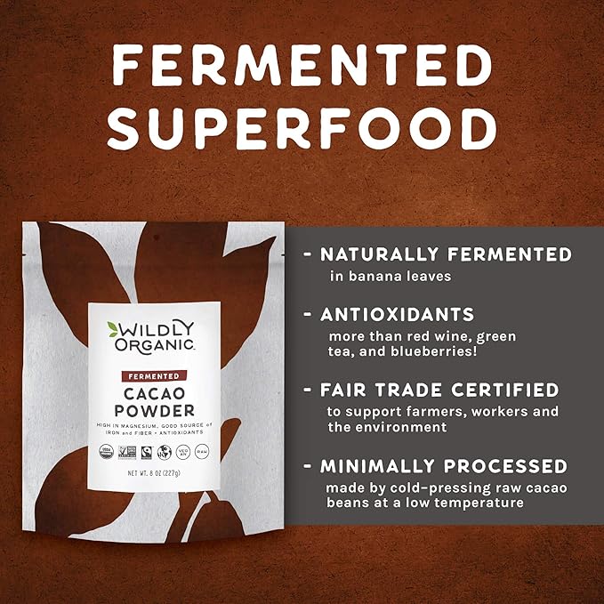 Wildly Organic Fermented Cacao Powder 8 Oz Bag - Organic, Non-Alkalized, Minimally Processed, Raw