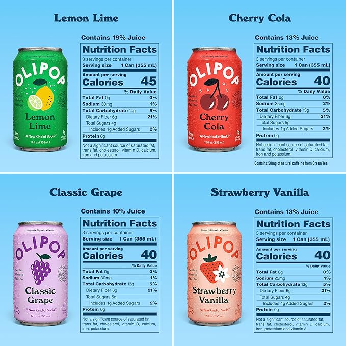 OLIPOP Prebiotic Soda Pop, Fruity Fun Variety, Pantry Pack Packed with Prebiotics, Fiber, and