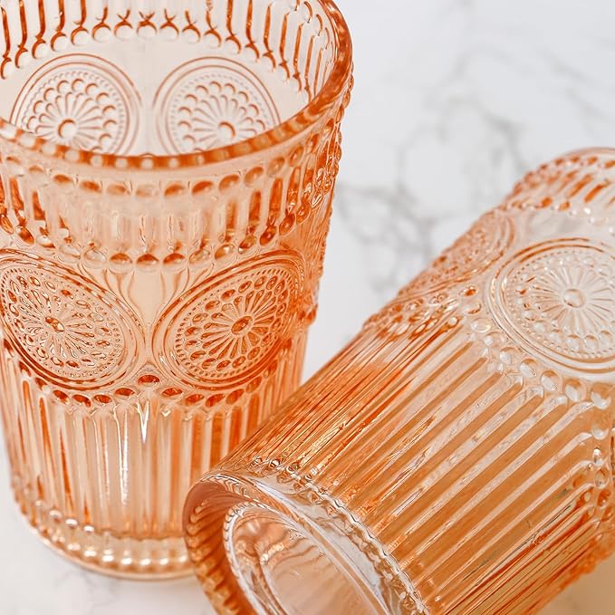 Vintage Textured Rose Gold Striped Drinking Glasses Set of 6, (13 oz) Ribbed Glassware Set |