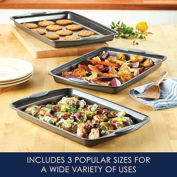 Rachael Ray Nonstick Bakeware Set with Grips, Nonstick Cookie Sheets / Baking Sheets - 3 Piece