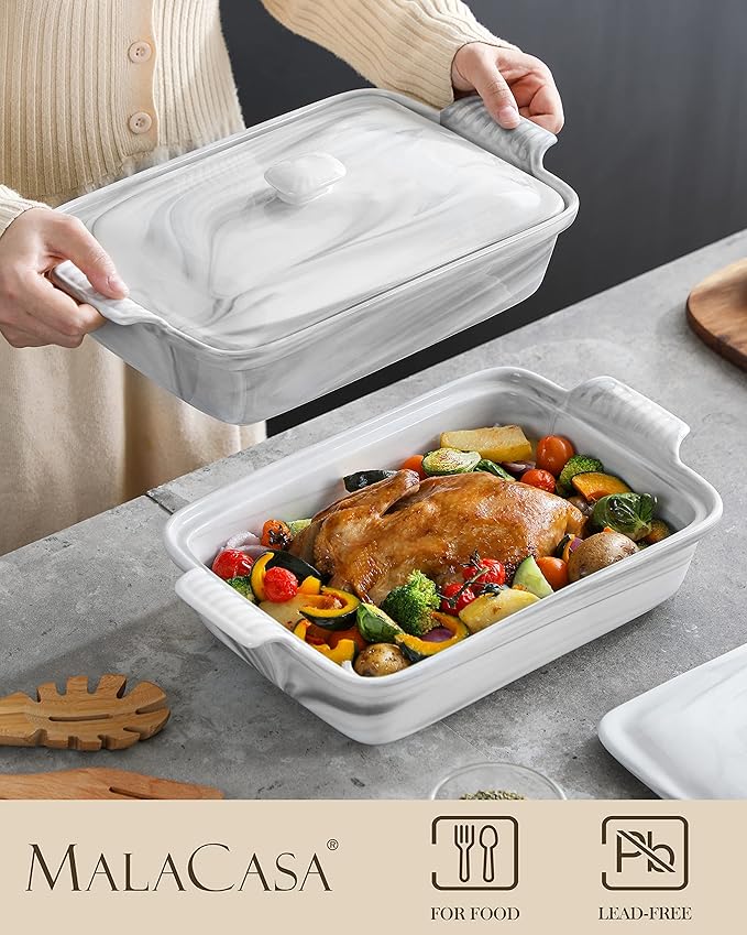 MALACASA Casserole Dish With Lid, 3.4 Quart Baking Dish With Lid, Lasagna Pan Deep Ceramic Bakeware