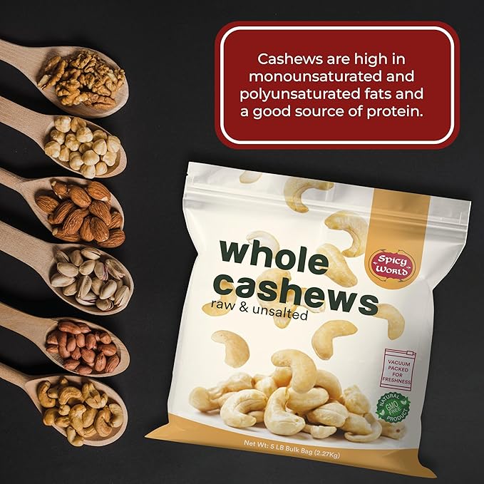 Spicy World Raw Cashews 5 LB (80oz) Bulk - Non-GMO, Gluten Free, Peanut Free, No Additives