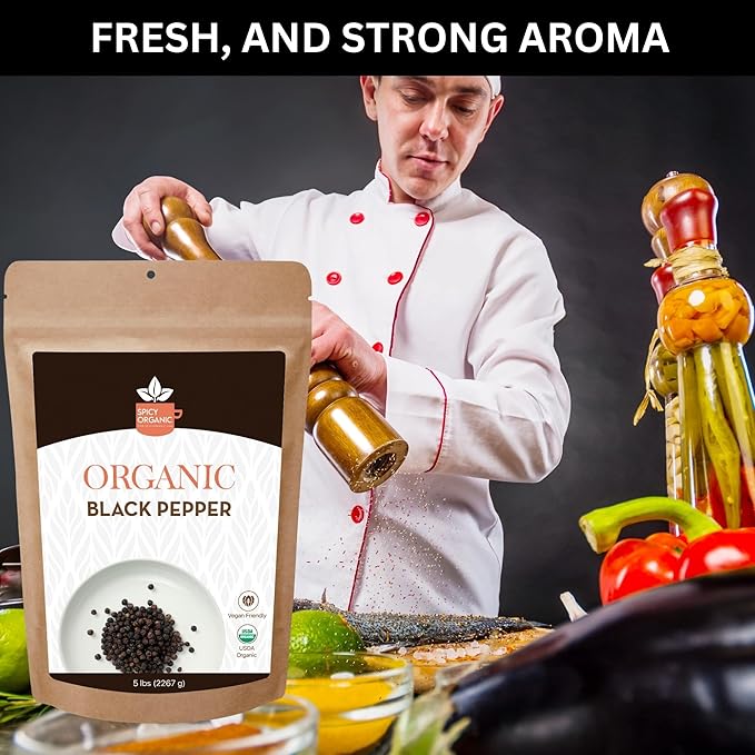 SPICY ORGANIC Whole Black Pepper - 3 lb. - Fresh and Aromatic Peppercorns, Perfect for Grinder