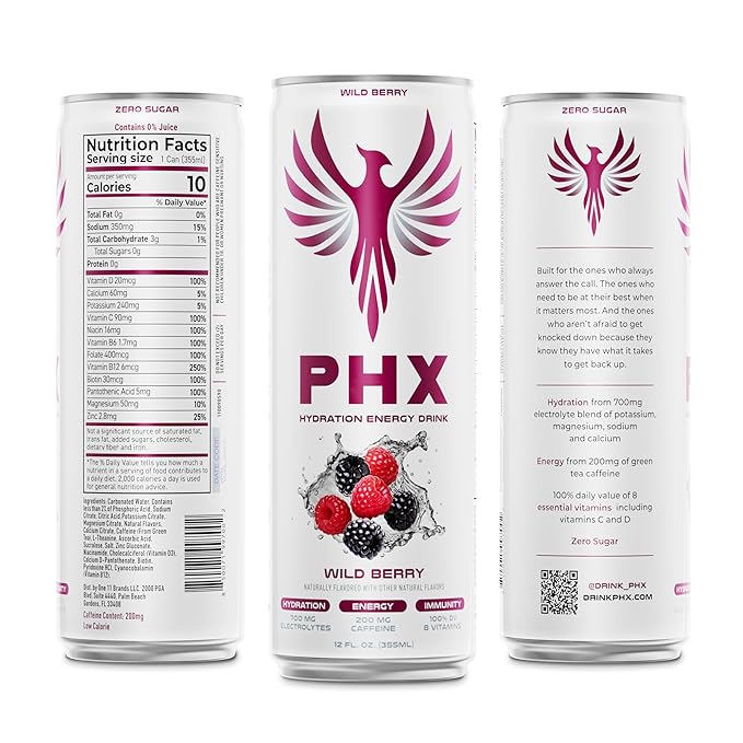 PHX Hydration Energy Drink - 700mg Electrolytes, 200mg Natural Green Tea Caffeine, 100% Daily Value