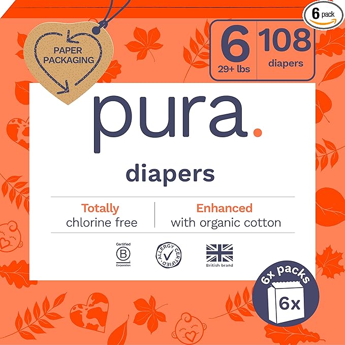 Pura Size 6 Eco-Friendly Diapers (29+ lbs) Totally Chlorine Free (TCF),Hypoallergenic, Soft Organic