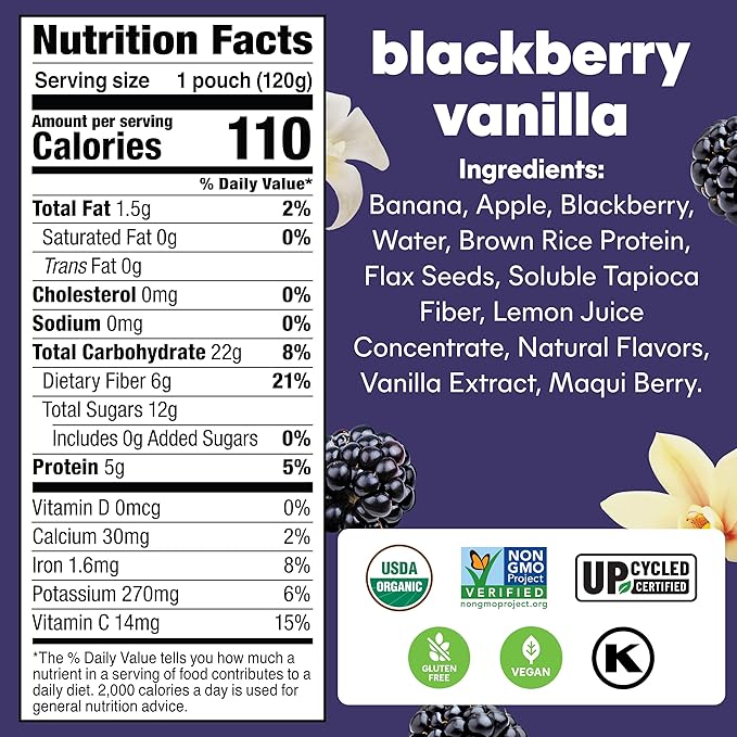 Noka Superfood Fruit Smoothie Pouches, Blackberry Vanilla, Healthy Snacks with Flax Seed, Plant