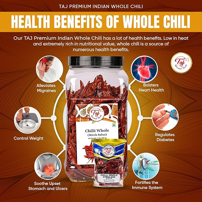 TAJ Premium Indian Whole Chilli (Whole Mirchi, without stem), (3.5 Ounce)