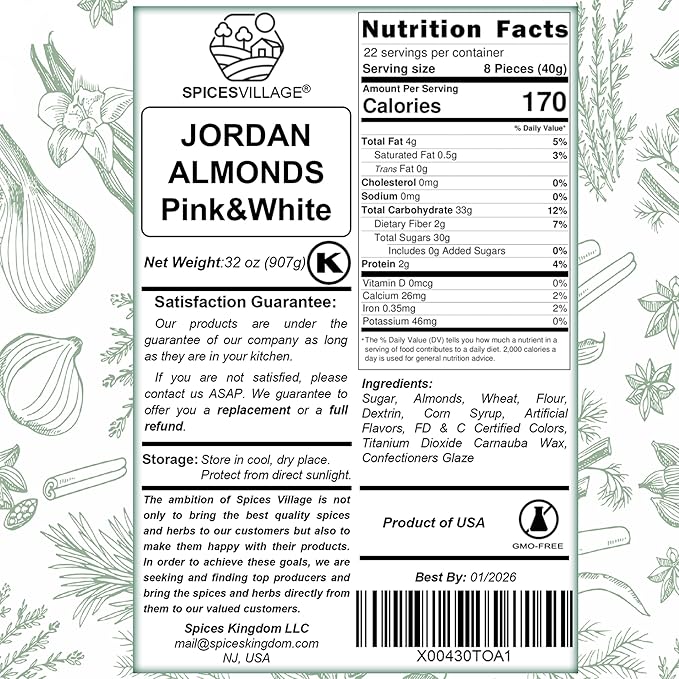 Spices Village Jordan Almonds, Pink and White, Crunchy Candy Coated Almonds, 32 oz, Perfect for