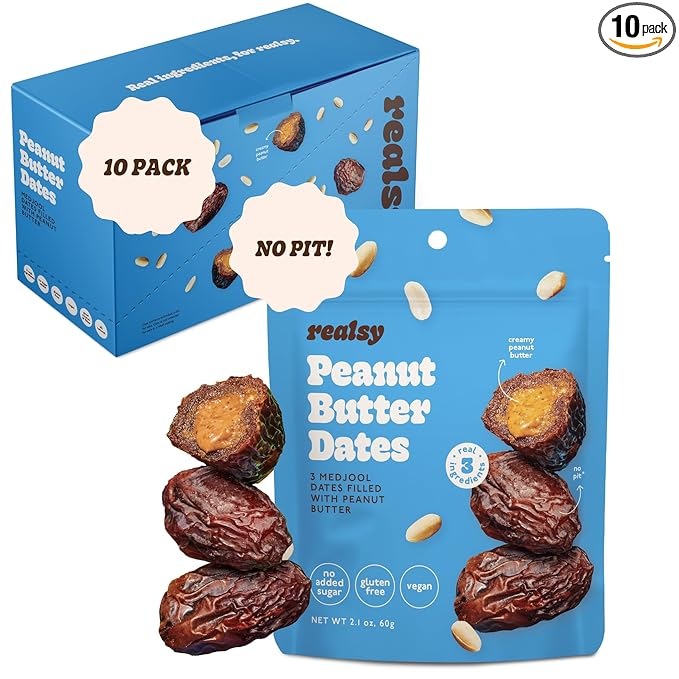 Realsy Peanut Butter Filled Medjool Dates, Organic Dates with No Sugar Added, Gluten-Free, Vegan