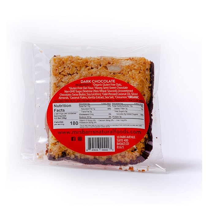Mrs. Barr’s Natural Foods Granola Bars | Dark Chocolate | Certified Organic Gluten Free Oats | Soft