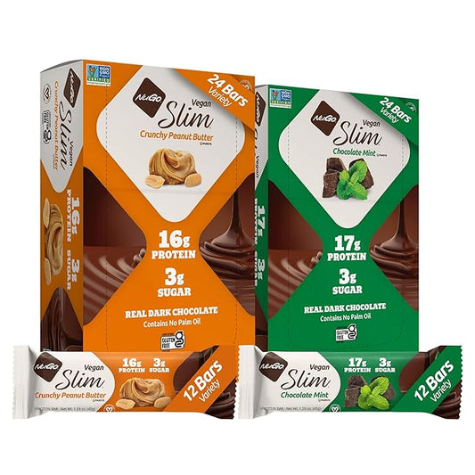 NuGo Slim Vegan Variety - Crunchy Peanut Butter 12 bars & Chocolate Mint 12 bars, Low Net Carb