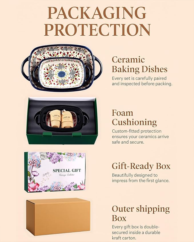 Ceramic Baking Dish Set of 2 ??Decorative Polish Pottery Style Casserole Dishes with Handles, Cute
