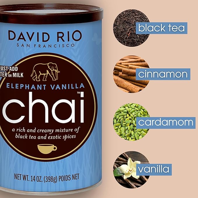 Elephant Vanilla Chai Tea Latte Mix, 14 Oz, Black Tea, Organic Spices, Dairy Free, Serve Hot or