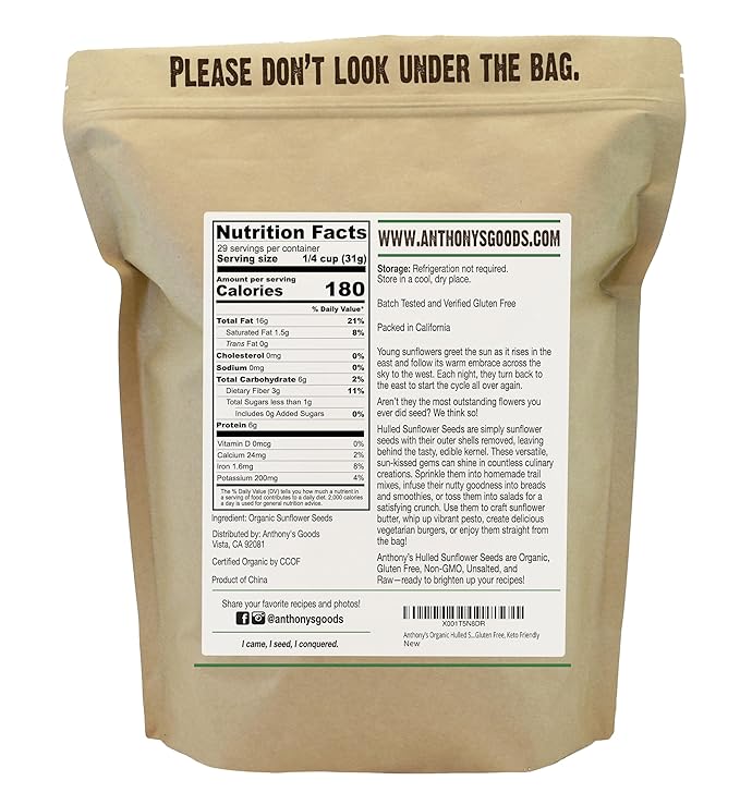 Anthony's Organic Hulled Sunflower Seeds, 2 lb, Raw, Unsalted, Batch Tested and Gluten Free, Keto