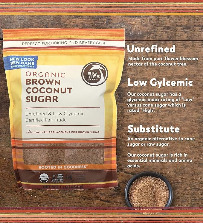Big Tree Farms Organic Brown Coconut Sugar - Coconut Palm Sugar, Unrefined, Fine Crystals, Cane