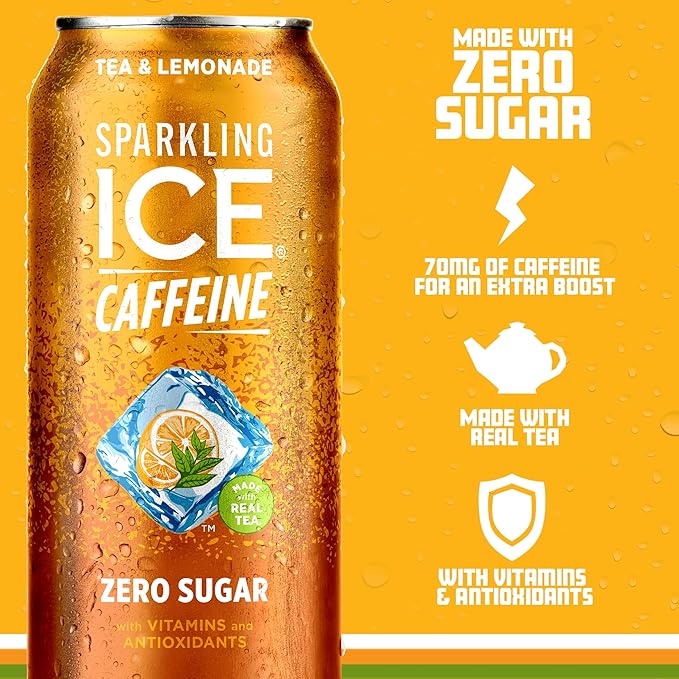 Sparkling Ice Caffeine Tea + Lemonade Sparkling Water with Caffeine, Zero Sugar, with Antioxidants