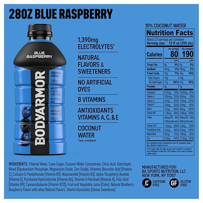 BODYARMOR Sports Drink Sports Beverage, Blue Raspberry, Coconut Water Hydration, Natural Flavors