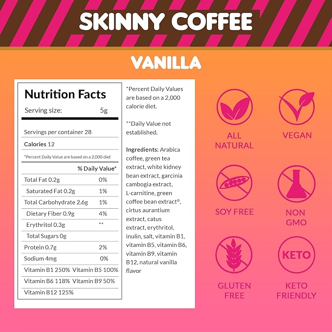 Skinny Boost Instant Skinny Coffee Sticks (Vanilla) - Made with Arabica Coffee Beans, Garcinia