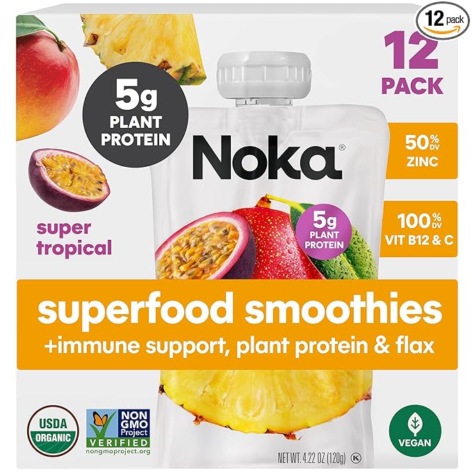 Noka Superfood Fruit Smoothie Pouches, Super Tropical with Immune Support, Healthy Snacks with
