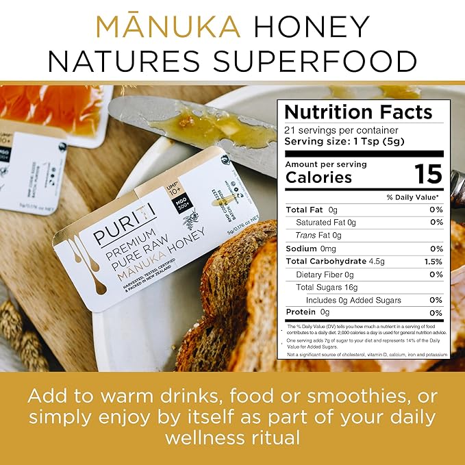 PURITI Genuine Raw Manuka Honey Snaps On The Go - UMF 10+ (MGO300+) 21 x 0.18oz Individual Snap