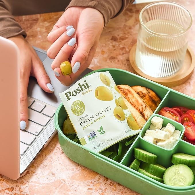 Poshi Natural Whole Pitted Olives | 24 Pack Variety | Basil & Garlic, Chili & Oregano, Chili +