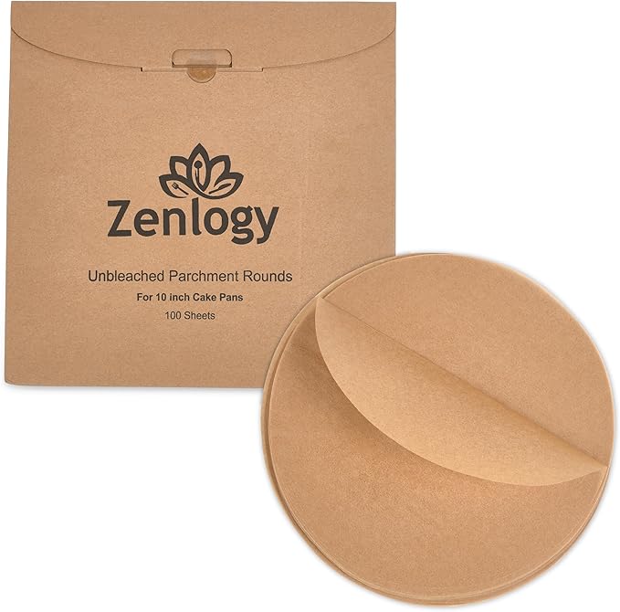 Zenlogy 10 Inch Parchment Paper Rounds (100 Sheets) - Unbleached, Pre-cut, High Heat, Round Liners