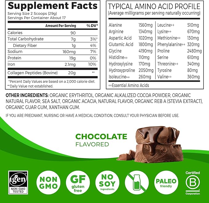 Orgain Hydrolyzed Collagen Peptides Powder For Women & Men, Chocolate, 20g Grass Fed Collagen