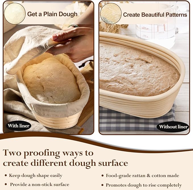 P&P CHEF Sourdough Bread Proofing Basket Set of 2, 10 Inch Oval Dough Proofing Bowls, Sourdough
