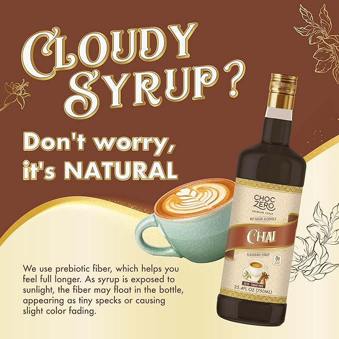 ChocZero Chai Flavoring Syrup, Sugar Free, Monk Fruit Sweetened, Prebiotic Fiber, Keto, Gluten