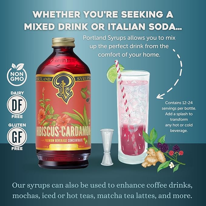 Portland Syrups Hibiscus Cardamom Syrup - Craft Exquisite Cocktails, Mocktails, Tea, Soda, Coffee
